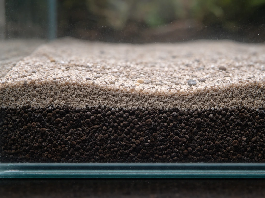 Close-up van aquariumbodem in lagen: donkere voedingslaag onder dunne zand-/grindlaag.