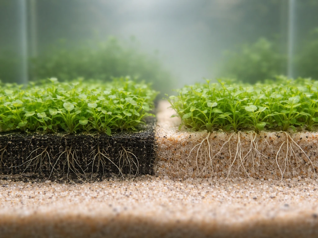 Vergelijking van tapijtvormende aquariumplanten: op matjes versus fijn los zand met zichtbare wortels.