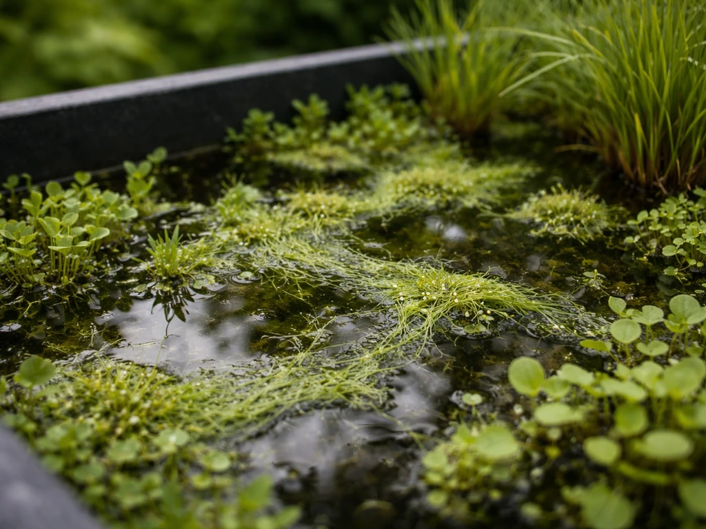 Vers geplante vijverbak met drijvende algenplekjes en open gaten tussen het planttapijt.