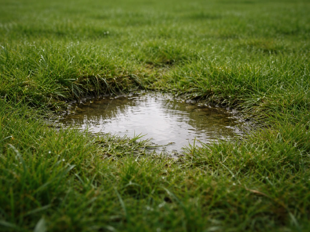 Ongelijk gazon met regenwater dat in een kuil blijft staan na een bui.