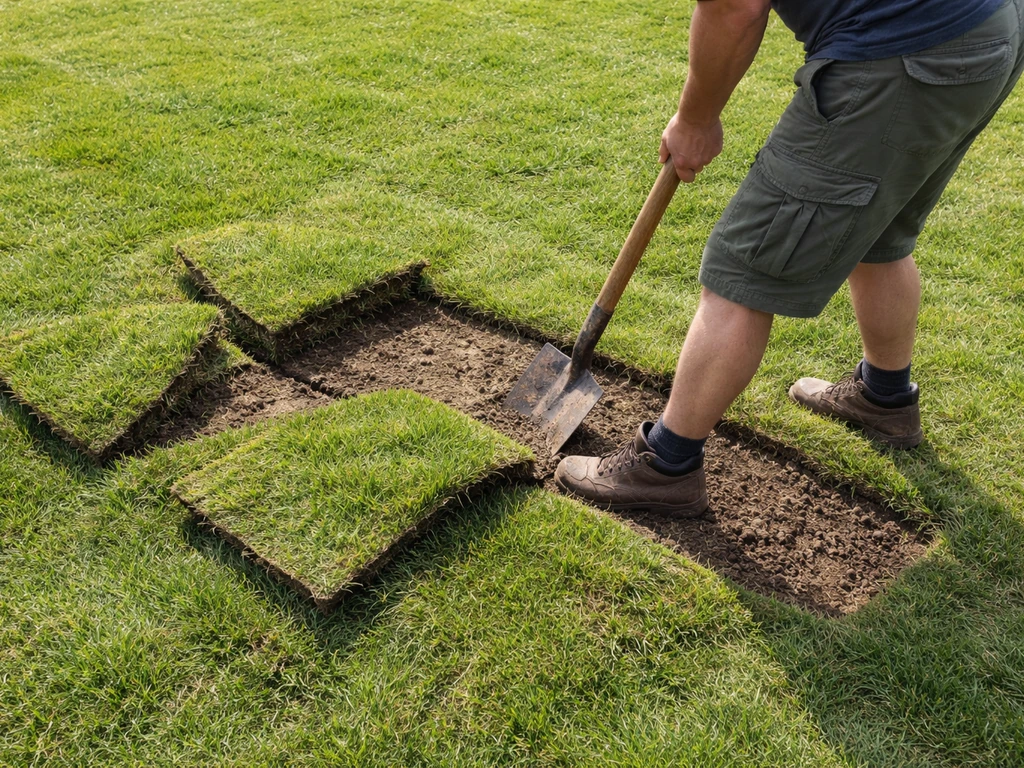 Persoon snijdt graszoden met een spade los op een grasbult; aarde en opengesneden zoden zijn zichtbaar.