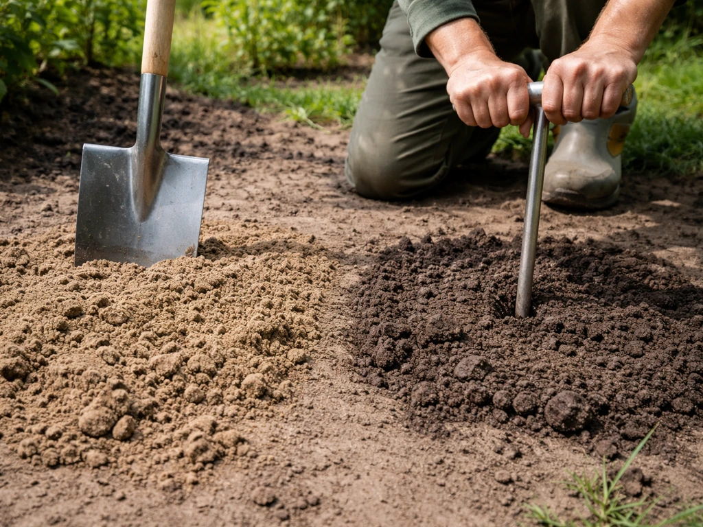 Buiten een test met schop en prikstok op verschillende plekken van de grond, focus op structuur en vocht.