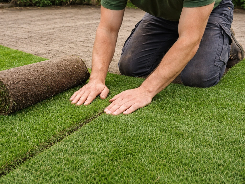 Tuinier legt graszoden met strakke naden, rolt en drukt de randen stevig tegen elkaar aan
