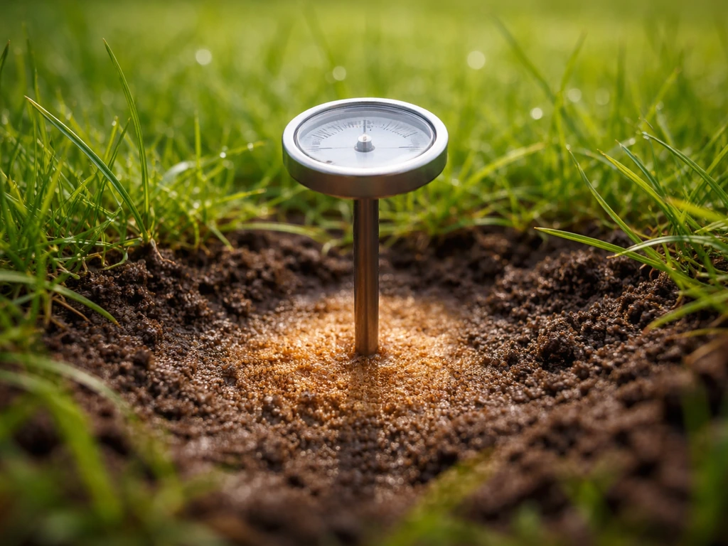 Close-up van een bodemthermometer in een gazon met warmere, actief groeiende grassprieten