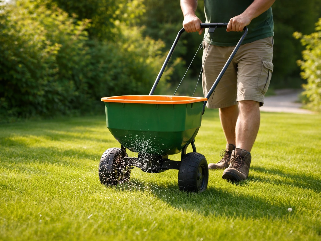 Anonieme tuinier strooit in juni/ begin juli mest over een groen gazon met een rolstrooier