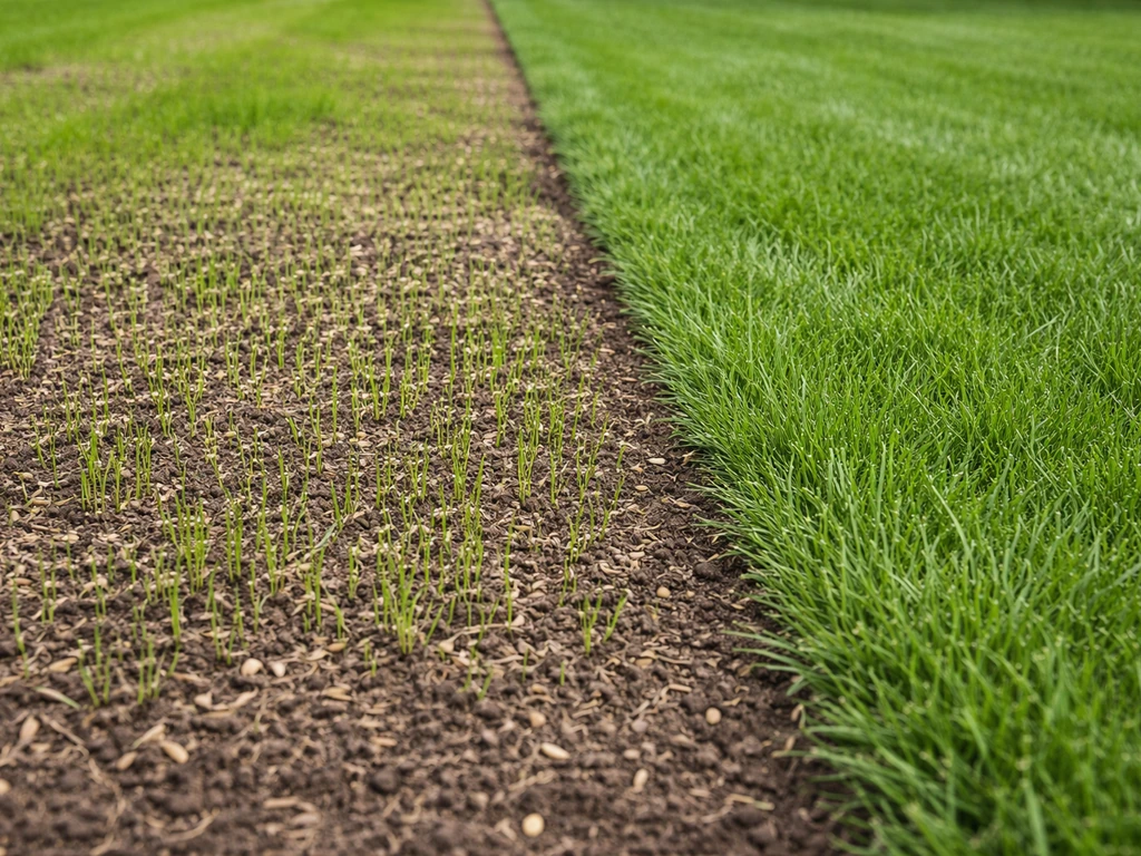 Nieuw ingezaaid gras met jonge sprieten naast een gevestigd, dicht gazon in een tuin