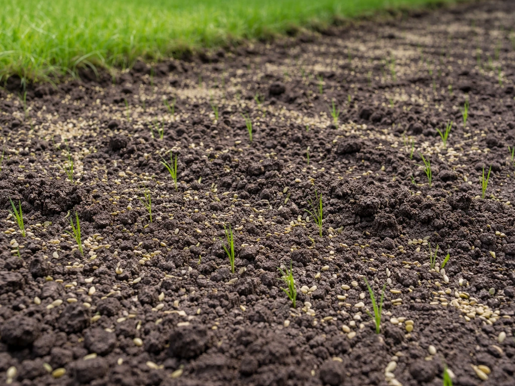 Kale plek in het gazon met doorgezaaide grond en eerste jonge gras-sprieten die al opkomen.