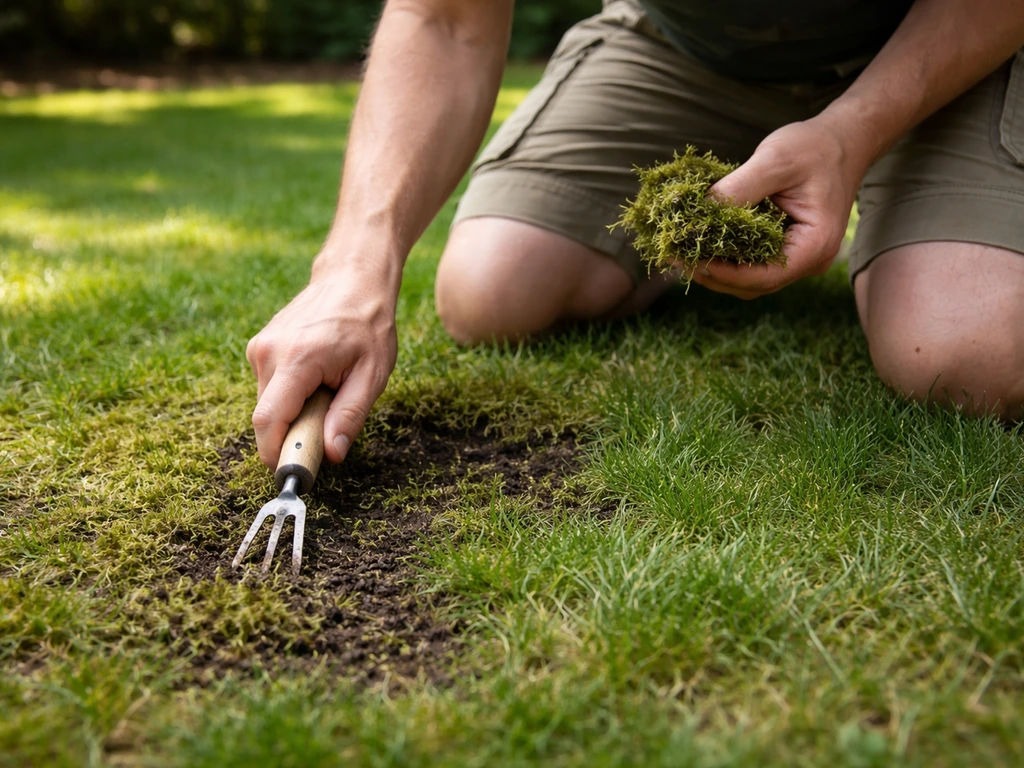 Close-up van mos uitkrabben in een schaduwrijke, natte gazonplek met zichtbare bodem en fris gras erna.