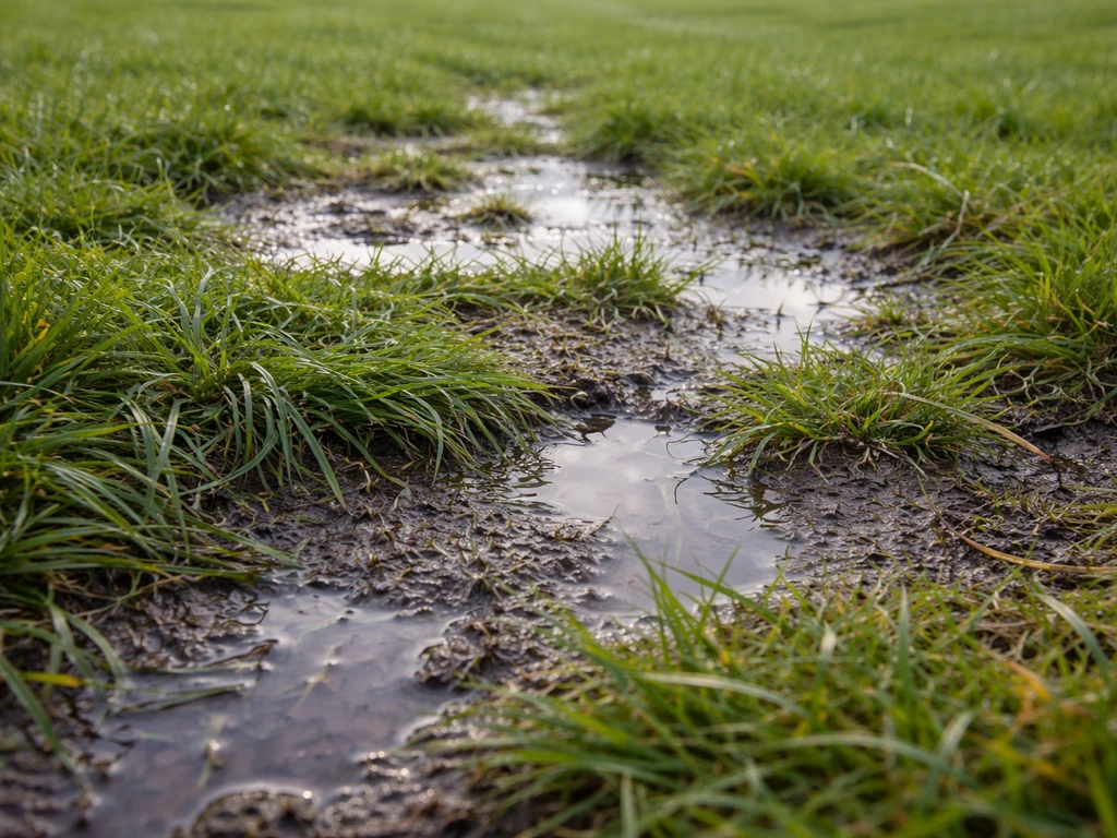 Natte plekken met kleine plassen op een gazon en modderige grond, dichtbij gefotografeerd om het probleem zichtbaar te m