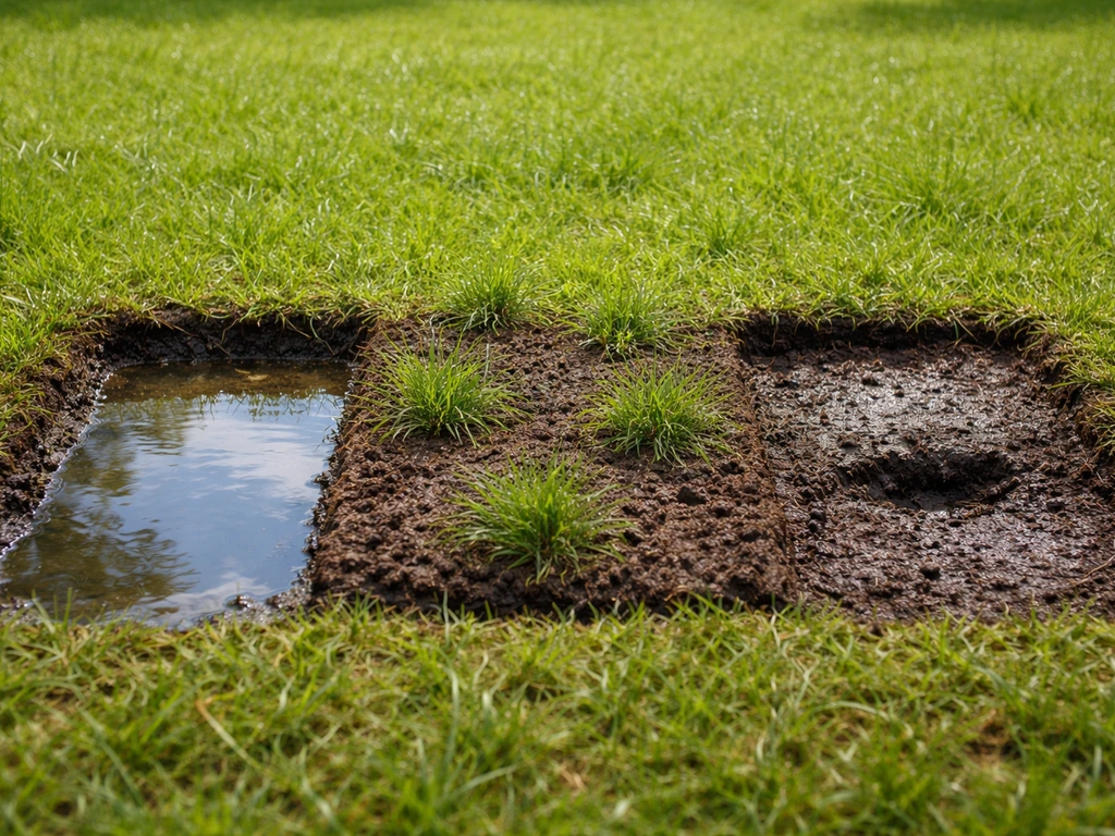 Minimalistische foto van drie manieren waarop een gazon nat aanvoelt: plas, sponzige bodem en zakkende verdichting.