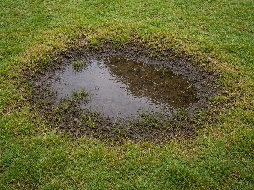Bovenaanzicht van een lokale kuil in het gazon met stilstaand nat water en een drogere rand eromheen.