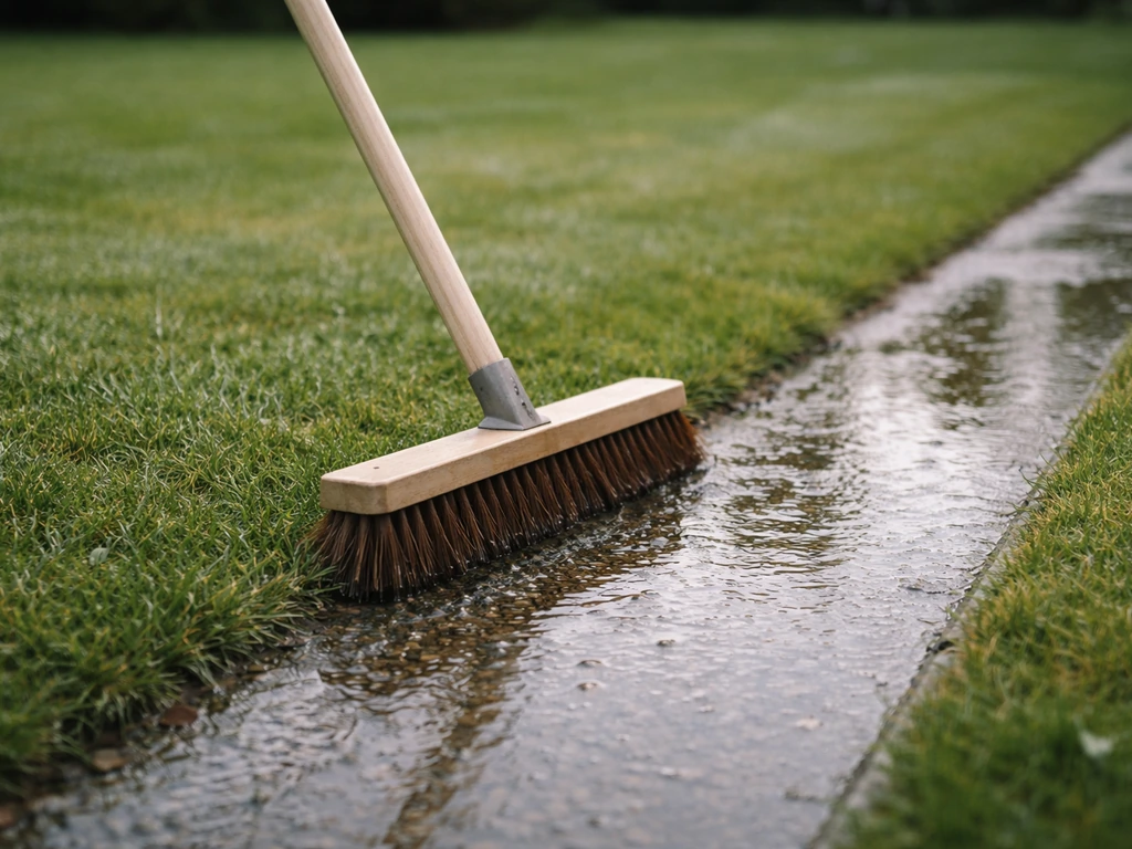 Bezem op natte tuin die water richting de rand helpt afvoeren, net nadat het staande water is weggetrokken.