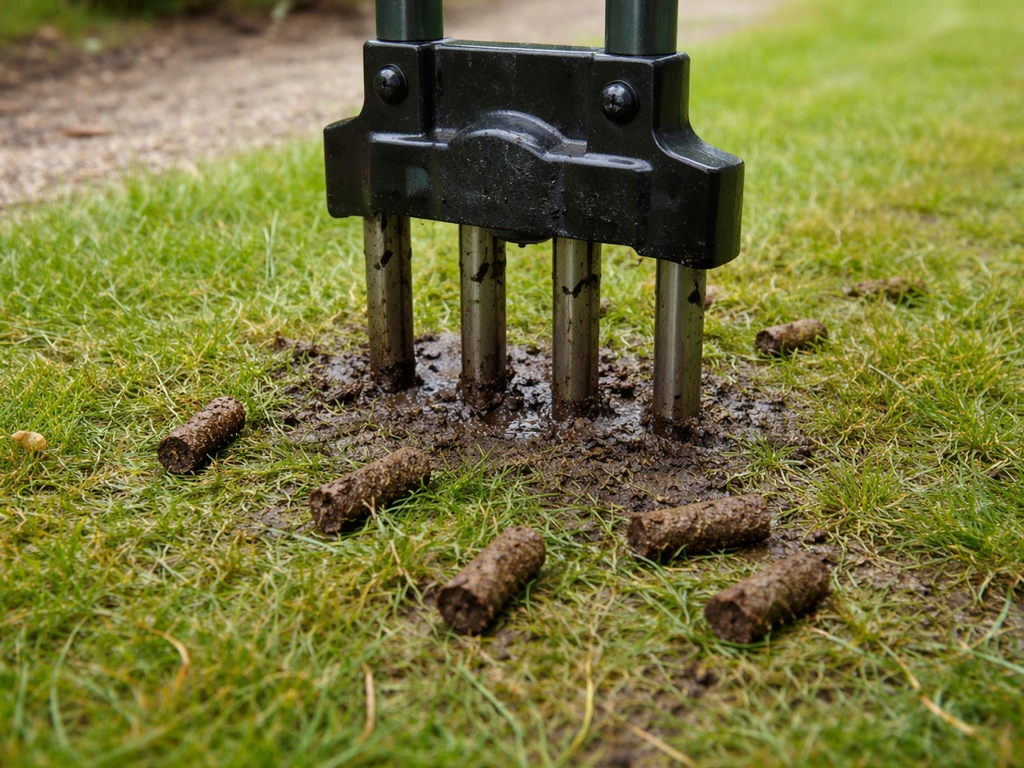 Prikluchter prikt gaten in nat zware grasmat; zichtbare uitgegraven grondpluggen rond het werkpunt.