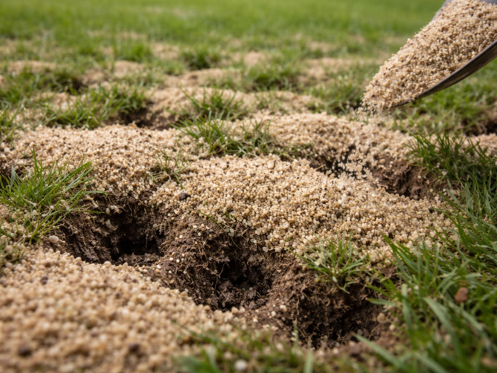 Scherp grof zand dat in gazonkuilen wordt gestrooid, met zichtbaar luchtige bodemstructuur eronder.